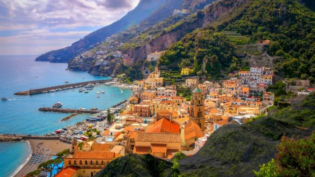 Gorgeous photo from above the town of Amalfi on the Amalfi Coast, Italy. Our villa offers stunning coastal views.